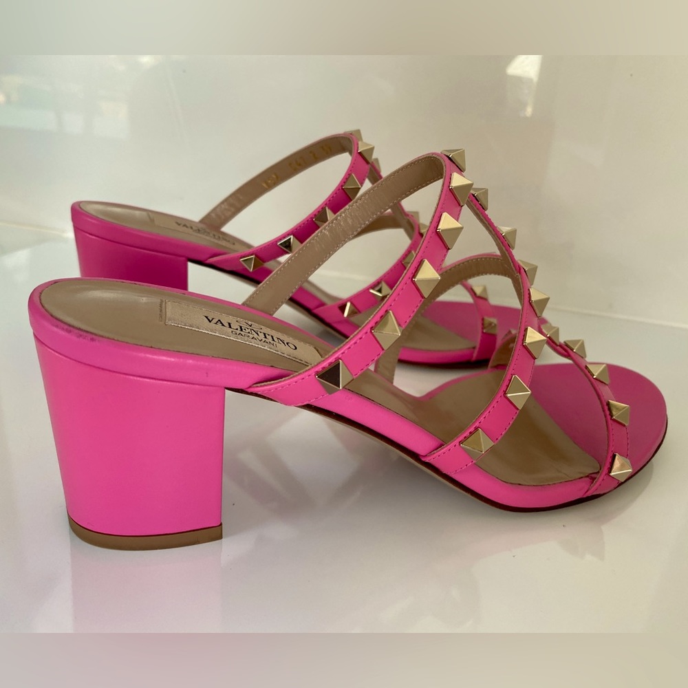 Valentino Garavani Rockstud Cage Slide Sandal Heel (Women) Hot Pink and Gold